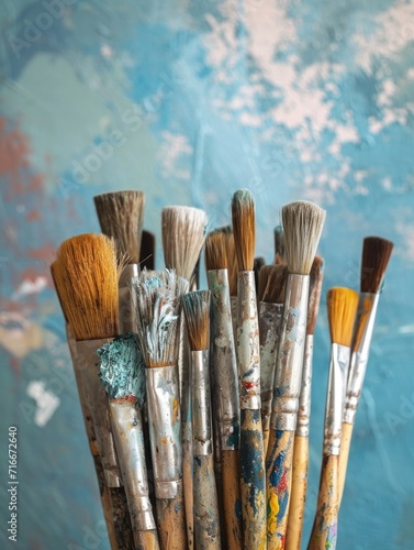 A collection of paint brushes against a vibrant artistic background