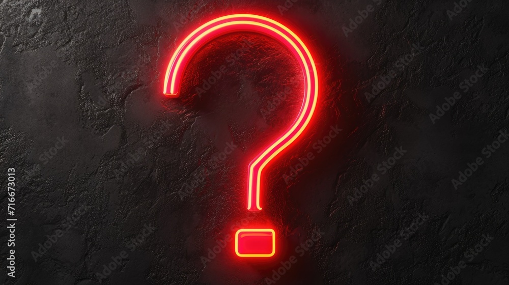 Bright neon red question mark glowing on a textured dark wall. - obrazy, fototapety, plakaty 
