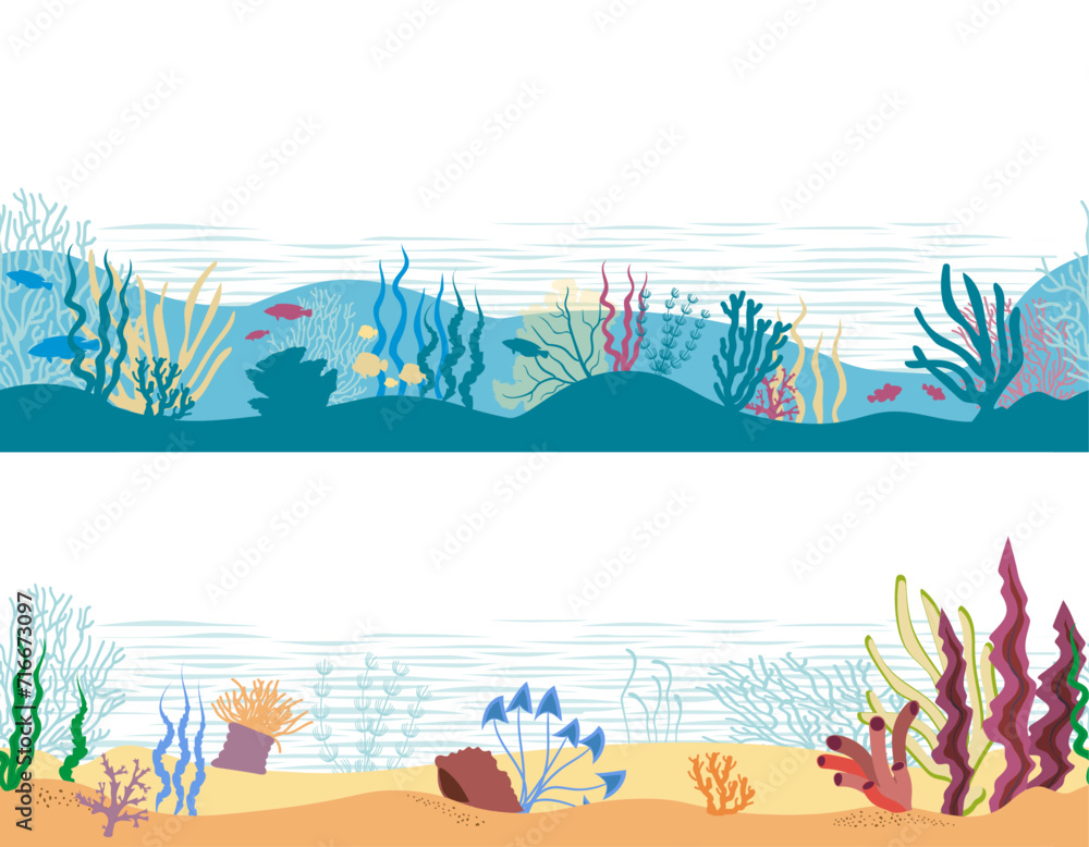 Set of  seamless underwater panorama on white background. Vector illustration.