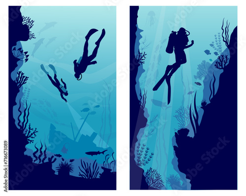 Underwater landscapes with divers, silhouettes of fish and seaweed. Vector illustration.