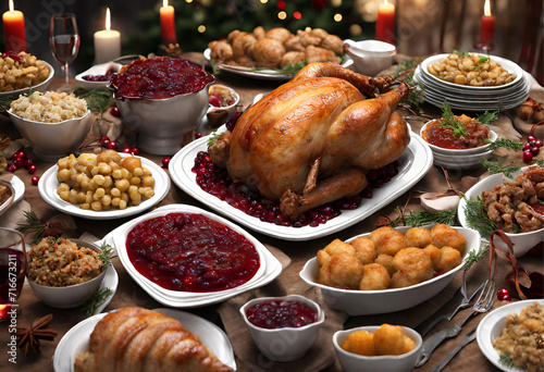 A joyous Thanksgiving dinner featuring cranberry sauce, stuffing, roast turkey, and all the fixings. AI Generative