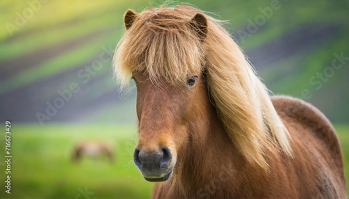 Icelandic horse with a funny mane against a meadow, blurred background, close up
