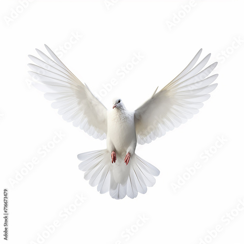 In the top view, a single white color pigeon flying isolated on a white background