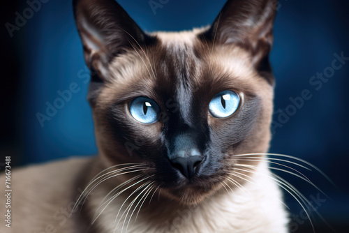 Beautiful Siamese Cat with Blue Eyes, Adorable Kitten with Fluffy Brown Fur: Portrait of a Purebred Siamese Domestic Feline on White Background.