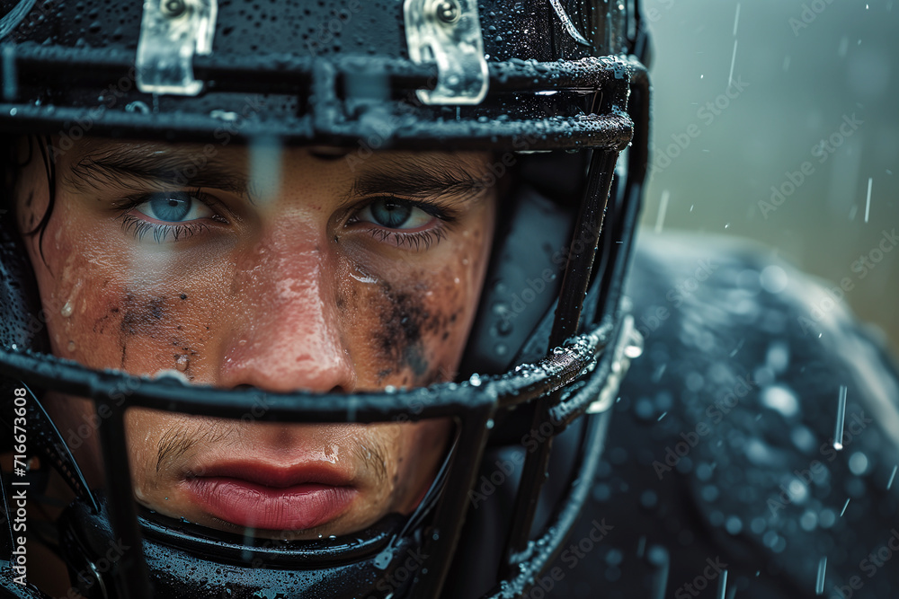 A football player with a black helmet and uniform looks out into the field A football player with a black helmet and uniform looks out into the field