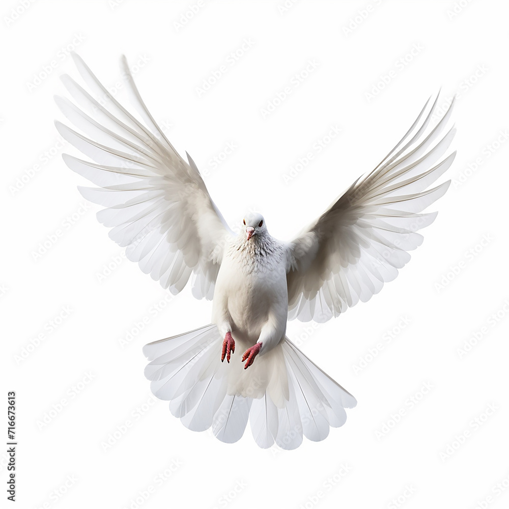 Fototapeta premium In the top view, a single white color pigeon flying isolated on a white background