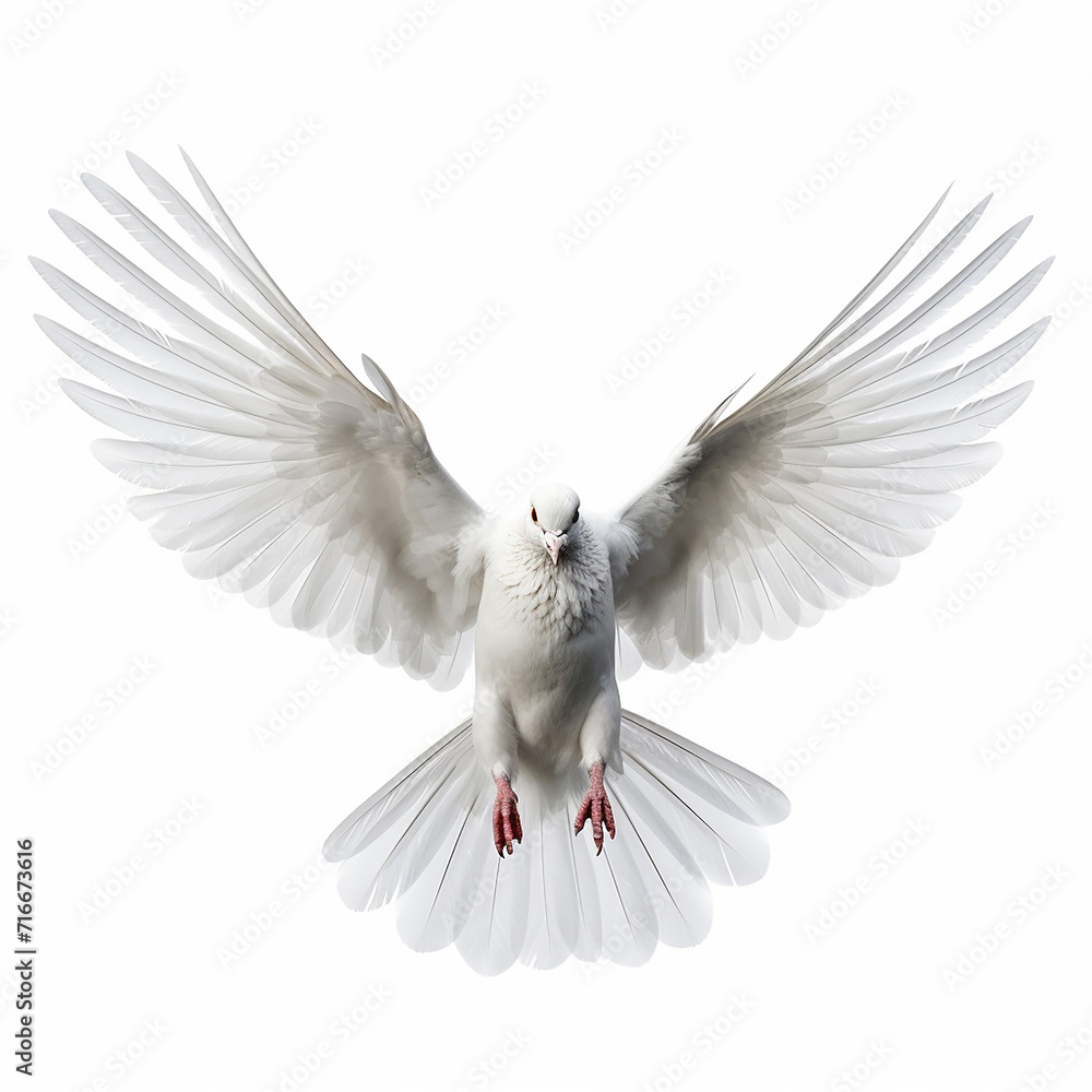 Obraz premium In the top view, a single white color pigeon flying isolated on a white background
