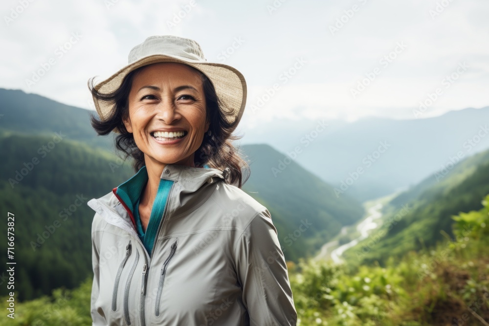 Portrait of a smiling asian woman in her 50s sporting a breathable hiking shirt against a panoramic mountain vista. AI Generation