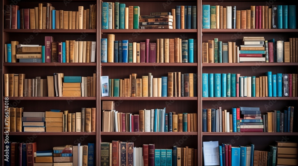 Vibrant bookshelf filled with a vast collection of intellectual knowledge and literature. Vibrant bookshelf filled with a vast collection of intellectual knowledge and literature.