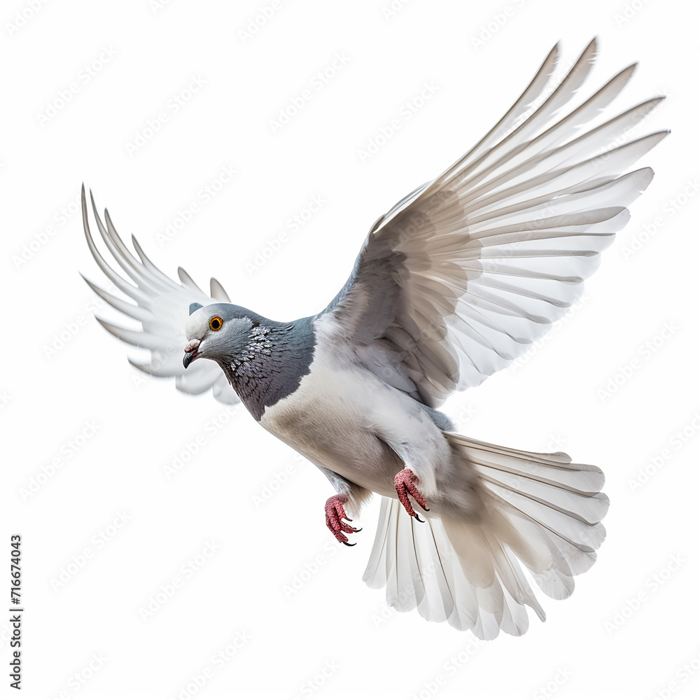 Obraz premium Single pigeon flying isolated on a white background