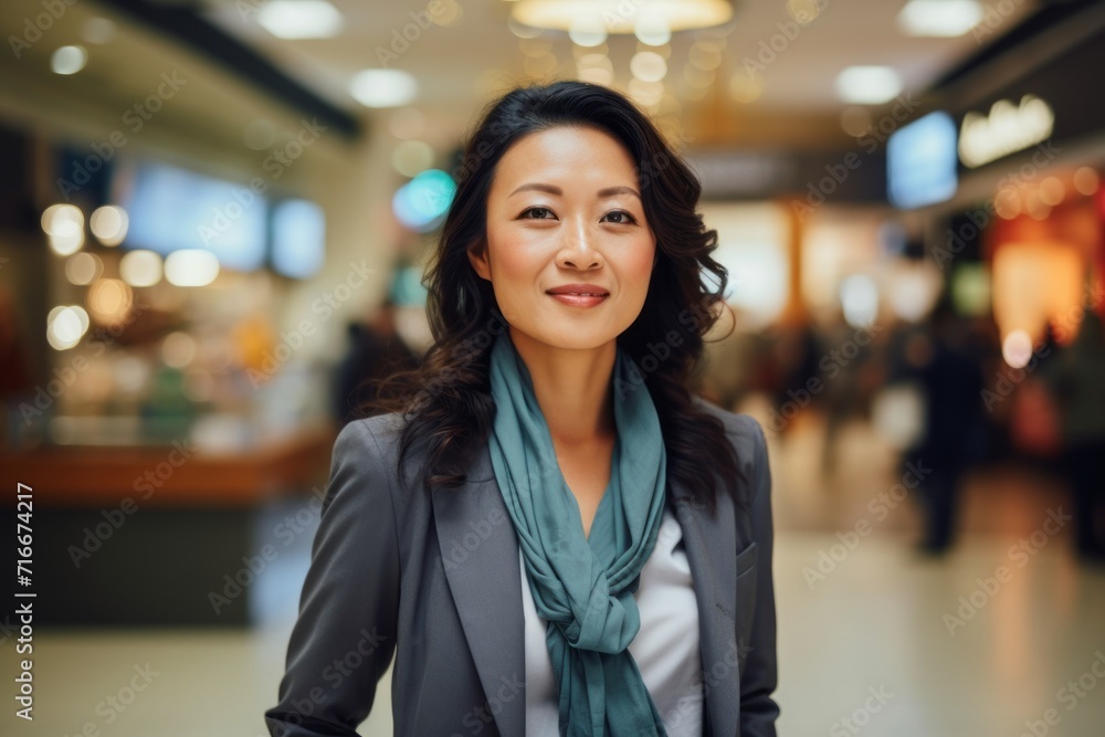 Portrait of a happy asian woman in her 40s dressed in a stylish blazer against a bustling shopping mall. AI Generation Portrait of a happy asian woman in her 40s dressed in a stylish blazer against a bustling shopping mall. AI Generation