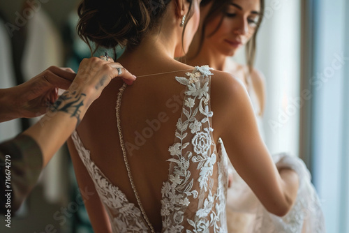 wedding coordinator assisting a bride with her gown or accessories, emphasizing the supportive and hands-on role played in ensuring a stress-free wedding day in a minimalistic phot photo