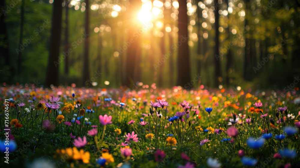 Spring field of flowers in the middle of a forest