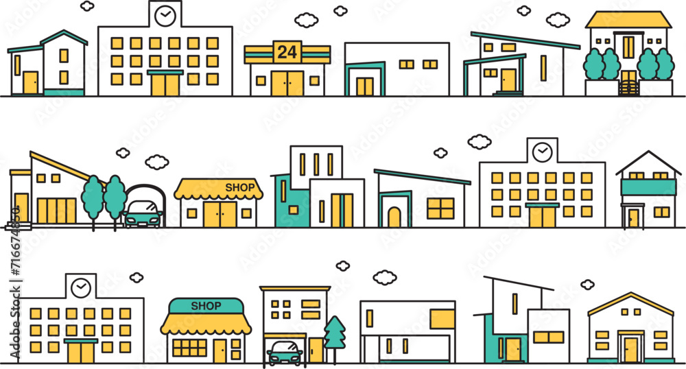 学校や低層住居が多い地域の街並みのシンプルな線画のイラストセットA