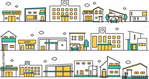 学校や低層住居が多い地域の街並みのシンプルな線画のイラストセットB