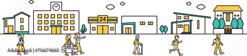 学校や低層住居が多い地域の街並みのシンプルな線画のイラストA（人物）