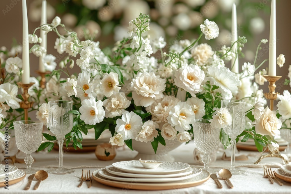 A stunning garden-inspired centrepiece, overflowing with delicate white roses and artfully arranged in a sleek vase, graces the table as guests gather for an elegant indoor wedding reception A stunning garden-inspired centrepiece, overflowing with delicate white roses and artfully arranged in a sleek vase, graces the table as guests gather for an elegant indoor wedding reception