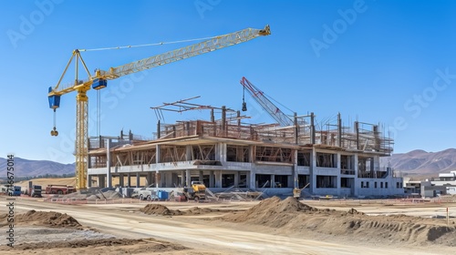 Big factory construction process crane and building site against blue sky