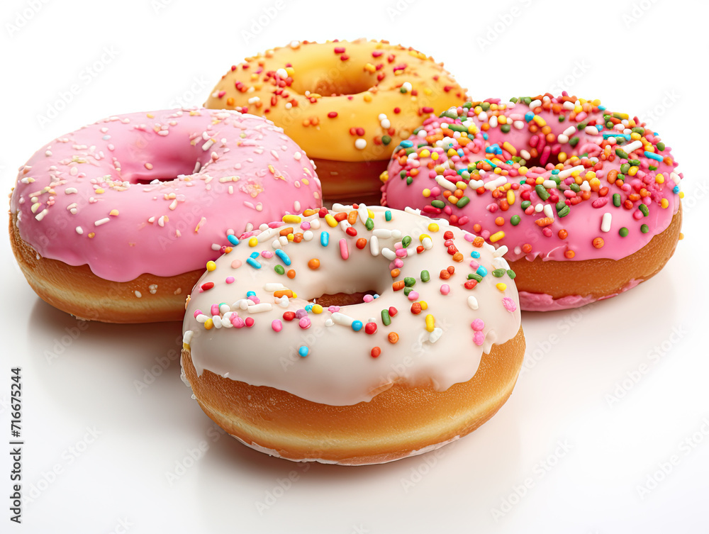 Savor delightful glazed donuts, adorned with vibrant sprinkles, on a white background—pure indulgence in every sweet, fluffy bite Savor delightful glazed donuts, adorned with vibrant sprinkles, on a white background—pure indulgence in every sweet, fluffy bite