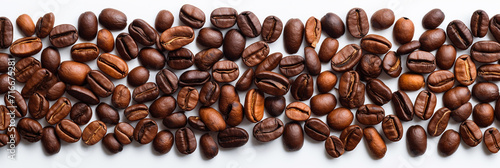 Panoramic coffee beans isolated on a white background in the top view