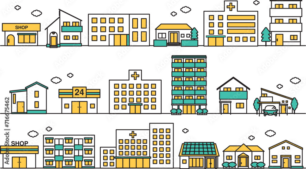 病院や大学が近くにある街並みのシンプルな線画のイラストセットB