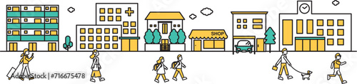 病院や大学が近くにある街並みのシンプルな線画のイラストB（人物）