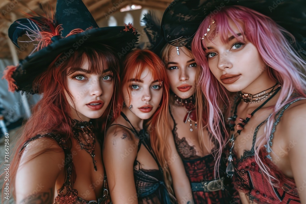 A gathering of fierce women adorned in gothic fashion, complete with dark hair and bold accessories, channeling the spirit of halloween through their unique and captivating costumes