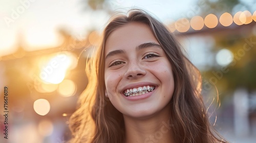 Close up portrait of a beautiful girl with a charming smile and braces looking happy