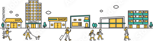 店舗やホテルが近くにある街並みのシンプルな線画のイラストB（人物）