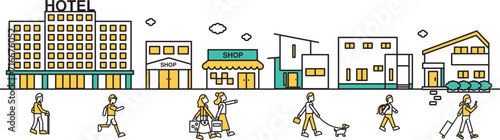 店舗やホテルが近くにある街並みのシンプルな線画のイラストE（人物）