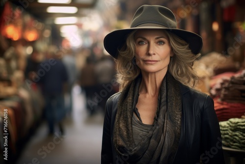 Portrait of a tender woman in her 50s donning a classic fedora against a bustling urban market. AI Generation © CogniLens