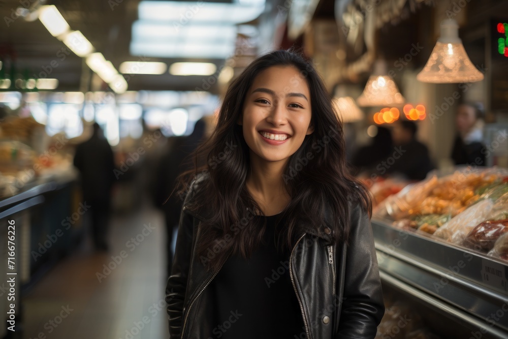 Portrait of a happy asian woman in her 20s sporting a classic leather jacket against a bustling urban market. AI Generation Portrait of a happy asian woman in her 20s sporting a classic leather jacket against a bustling urban market. AI Generation