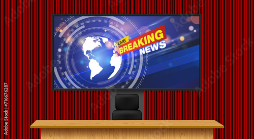 wooden table and led tv in the news studio room with red curtain background