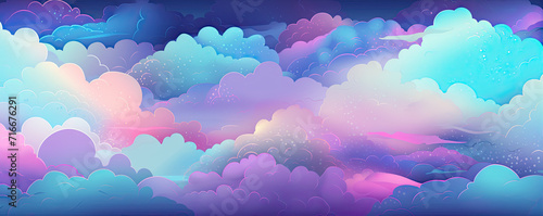 Animation neon blue purple clouds. Cartoon sky