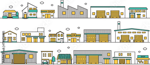 店舗や小規模な工場が近くにある街並みのシンプルな線画のイラストセットA