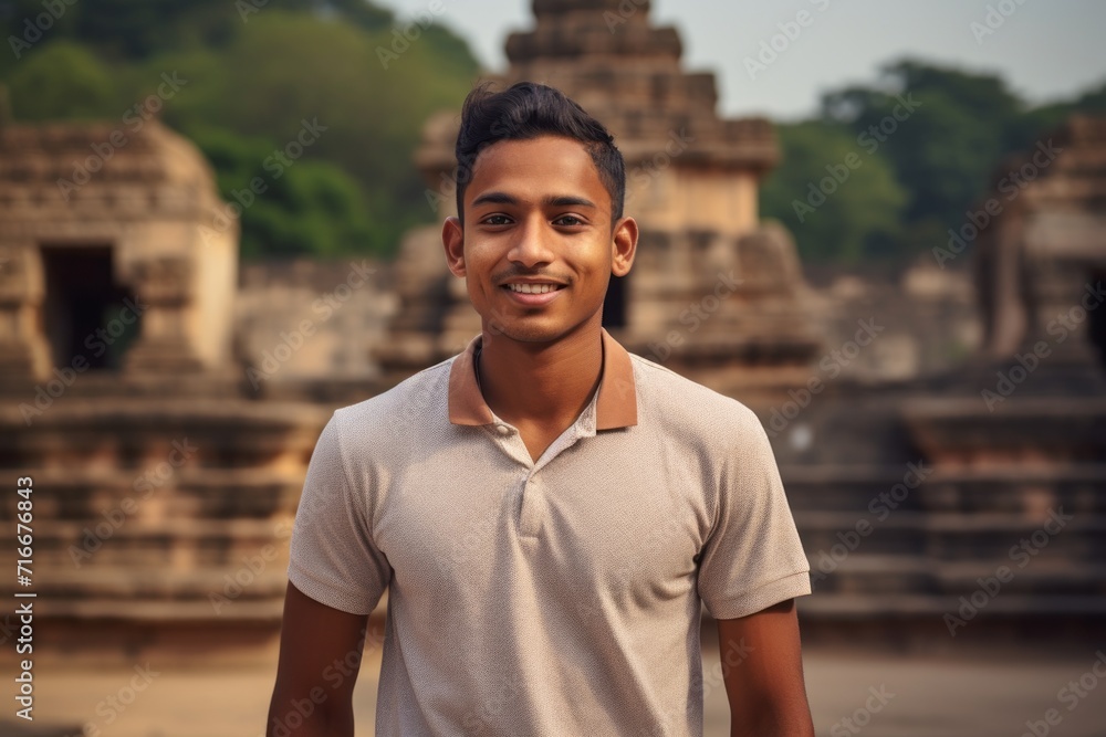 Portrait of a glad indian man in his 20s wearing a sporty polo shirt against a backdrop of ancient ruins. AI Generation Portrait of a glad indian man in his 20s wearing a sporty polo shirt against a backdrop of ancient ruins. AI Generation