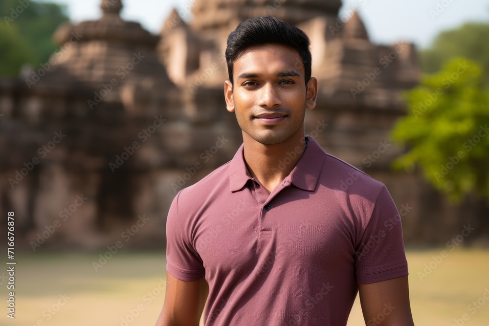 Portrait of a glad indian man in his 20s wearing a sporty polo shirt against a backdrop of ancient ruins. AI Generation Portrait of a glad indian man in his 20s wearing a sporty polo shirt against a backdrop of ancient ruins. AI Generation