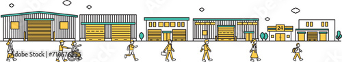 店舗や小規模な工場が近くにある街並みのシンプルな線画のイラストD（人物）