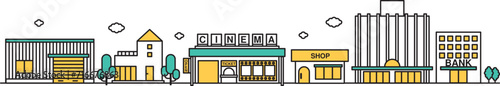 映画館や百貨店が近くにある商業地域な街並みのシンプルな線画のイラストA