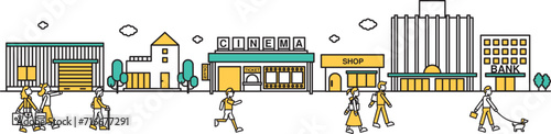 映画館や百貨店が近くにある商業地域な街並みのシンプルな線画のイラストA（人物）