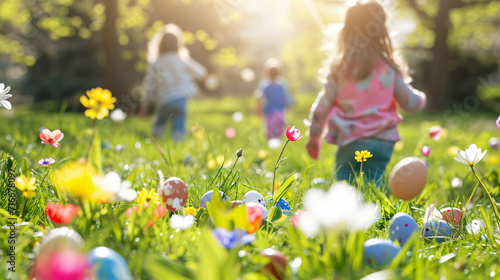Children on an Easter egg hunt in a lush green park with hidden eggs among the blooming flowers.