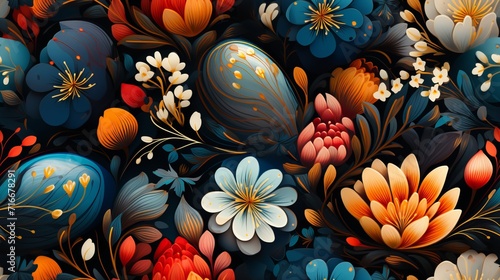 A seamless pattern featuring Easter eggs intertwined with vibrant spring flowers. photo