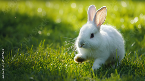 A fluffy white rabbit hopping in a grassy field its ears perked up exuding curiosity and freedom.