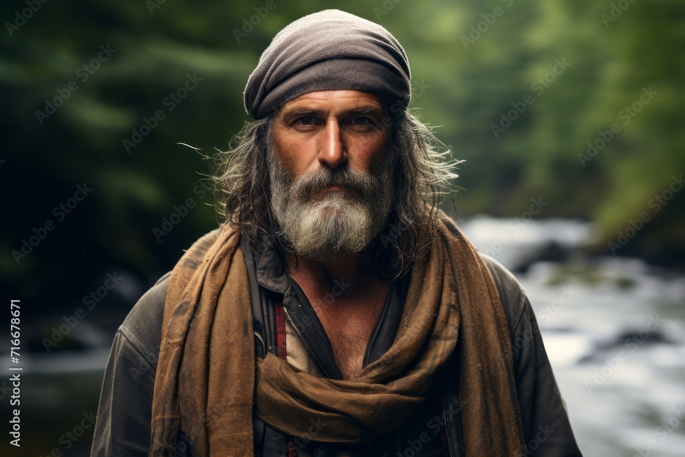Portrait of a content man in his 50s wearing a versatile buff against a tranquil forest stream. AI Generation Portrait of a content man in his 50s wearing a versatile buff against a tranquil forest stream. AI Generation