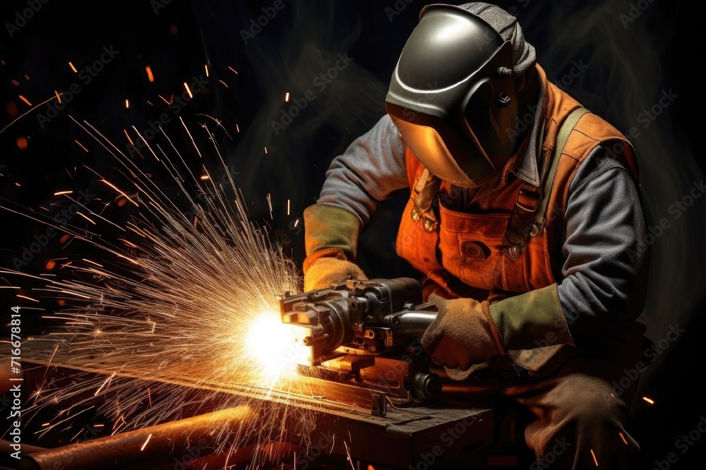 Sparks fly from welding .The welder cooks the welding, the Welder welds the steel. Equipment for working at height.A worker at a construction site. Sparks fly from welding .The welder cooks the welding, the Welder welds the steel. Equipment for working at height.A worker at a construction site.