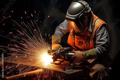 Sparks fly from welding .The welder cooks the welding, the Welder welds the steel. Equipment for working at height.A worker at a construction site.