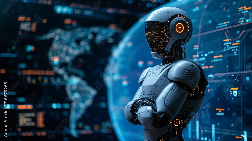 Robot arm crossed, Humanoid robot standing on blue world map icon background. Generated AI. Robot arm crossed, Humanoid robot standing on blue world map icon background. Generated AI.