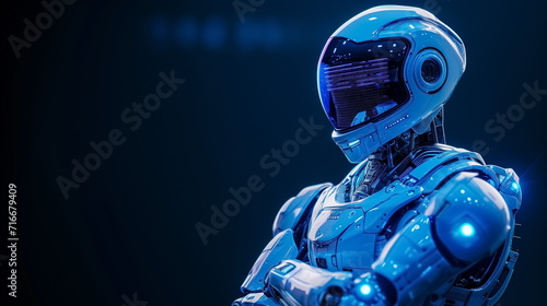 Robot arm crossed, Humanoid robot standing on dark blue background. Generated AI. © jirayut