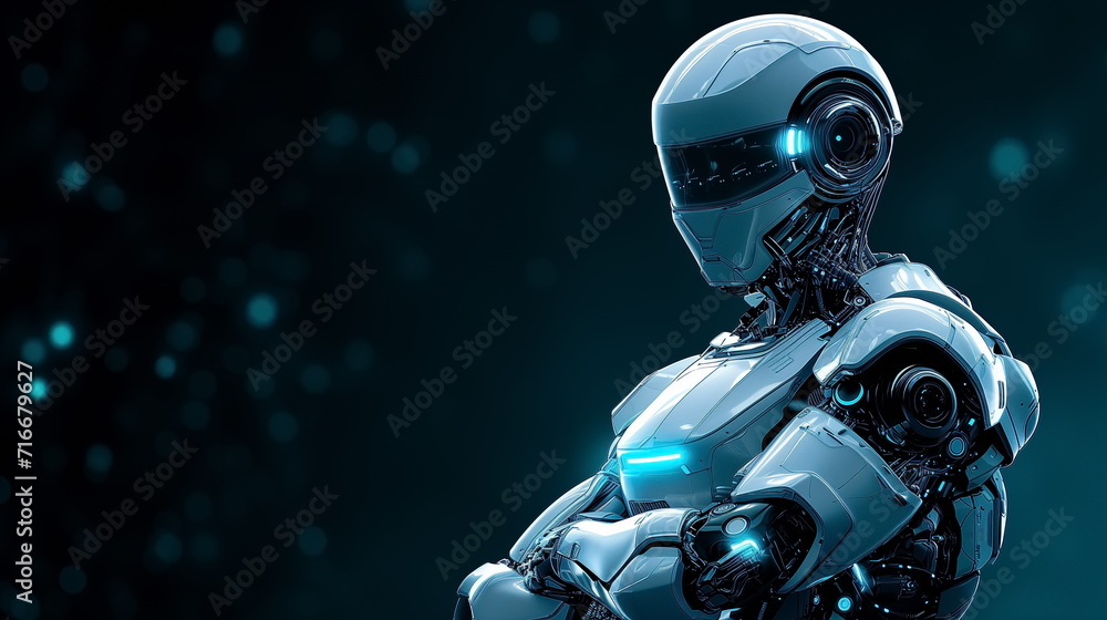 Robot arm crossed, Humanoid robot standing on dark blue background. Generated AI. Robot arm crossed, Humanoid robot standing on dark blue background. Generated AI.