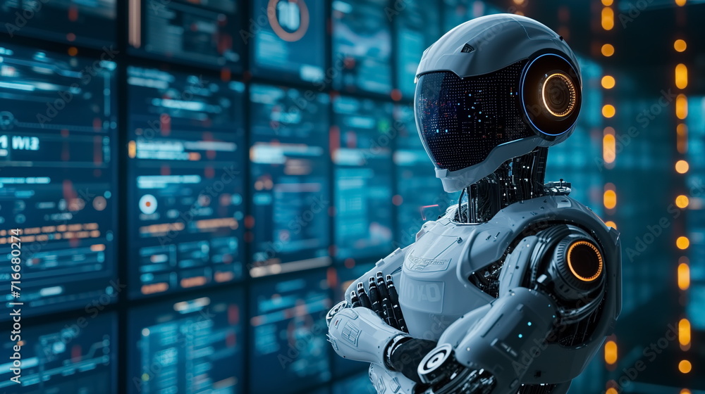 Robot arm crossed, Humanoid robot standing on blue futuristic background. Generated AI. Robot arm crossed, Humanoid robot standing on blue futuristic background. Generated AI.